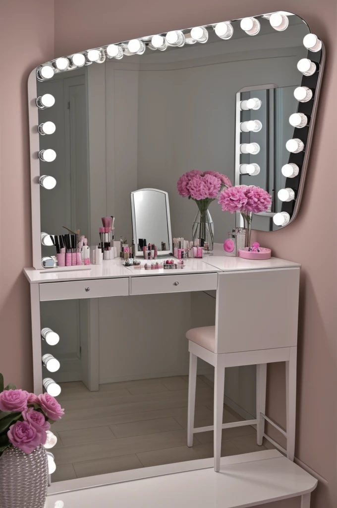 create for me a professional makeup studio for a small place with a table, stretcher chair, makeup accessories, a beautiful mirror on the wall with LED, a large space