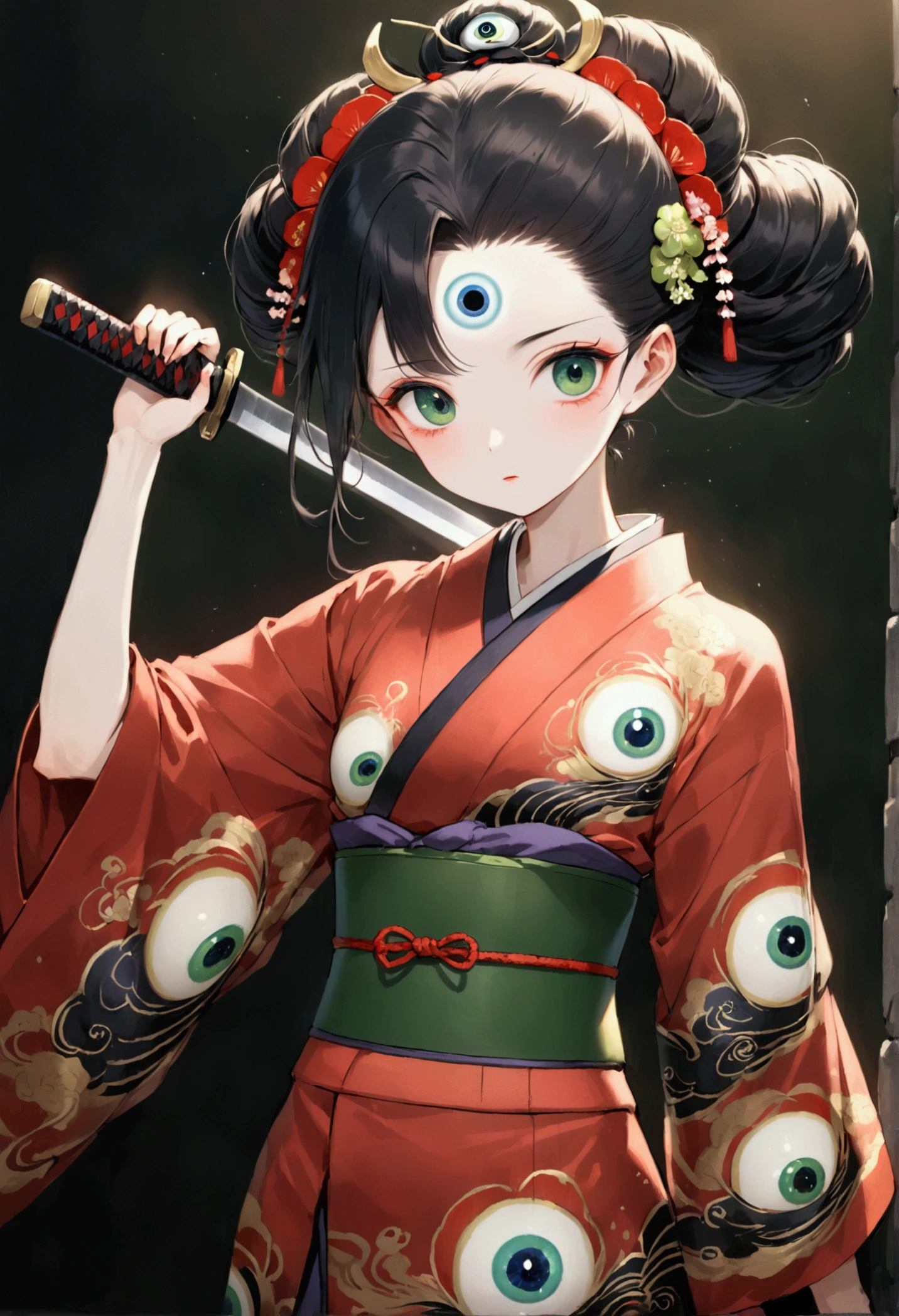Japanese Anime，Second Dimension，Horror style，horror character，(((Three-eyed boy，Geisha Hairstyle，third eye on the forehead:1.1))),(((Gorgeous Japanese red kimono，Eye pattern，Dark Pattern))).(((Thin waist，Green belt：1.6))).(((Samurai sword)))，Black background blur
