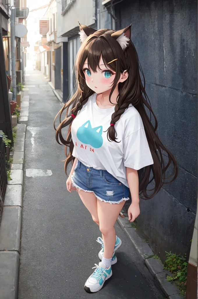 A cute girl walking in an alley, anime girl, outside, daylight, people on the street, she looks around the alley, small white t-shirt, t-shirt printed with an "I love U" heart, jean shorts, mini shorts, tight sexy clothes, short white socks, black and white sports shoes, dark brown hair, bangs, french braid, long hair, side swept bangs, wavy hair, expressive hair, shiny hair, braided bangs, hairclip, headphones, cat hair ornament, aqua eyes, glowing eyes, pupils sparkling, cat ears, blush, bright pupils, serious, glossy lips, puckered lips, confused, big round breasts, slim waist, defined and full body, slim legs, beautiful thighs, hands on her waist, high detail, anime, cinematic lighting, image fill, from above, wide shot, panorama, caustics, Wide-Angle, f/1.8, 85mm, Fujifilm, 8k, super detail, UHD, retina, masterpiece, accurate, anatomically correct, textured skin, highres, best quality