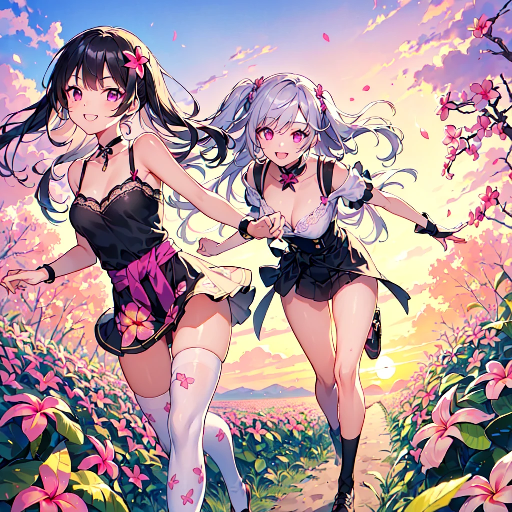 kawaii, anime, Cute, hyper quality, highly detailed, 8k, Clarity, A young girl with bright pink smooth short hair and vermilion eyes., (When I stand up, it's a peony; when I sit, it's a peony; when I walk, it's a lily), peony flower, peony flower, lily flower, The background is only a close-up of flowers, full of energy, surrounded by flowers, big flowers in the background, 3 types of flowers, highlight on eyes, Detailed facial expressions, jump around, smile with open mouth, Peony flowers on the left side of the background, Peony flowers on the right side of the background, Lily flowers in front of the screen, Expanding perspective, Uplifting, Childish, Innocent, clear sky, sparkle of light, glowing particles, bright, jumping up and down,