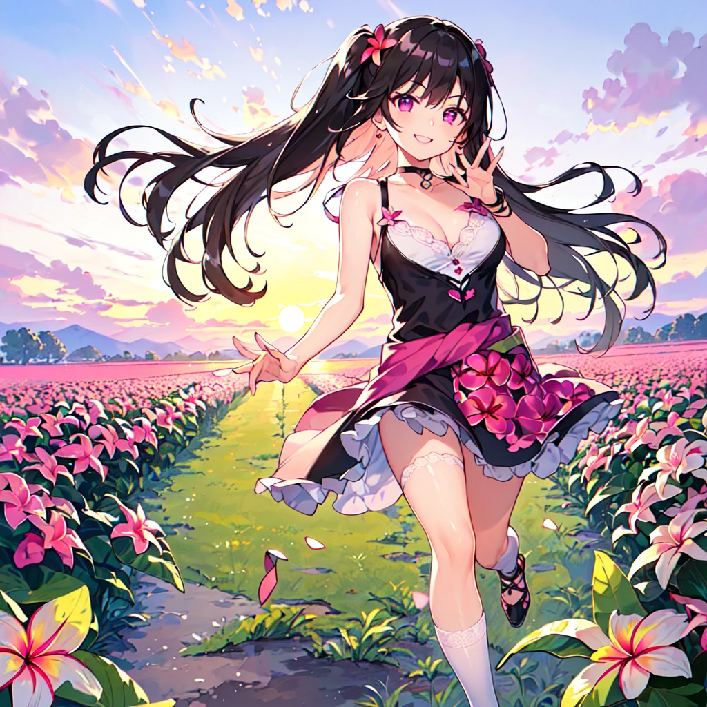 masterpiece, best quality, high quality, extremely detailed, very delicate and beautiful, (1 female 18 years old solo:1.5), (long black hair up to waist with two side up:1.5), bangs to eyebrows, eyes (eyes sharp, strong, glossy, glossy eyebrows, (eye color magenta:1.3), 6.5 head height, (plumeria flower print summer fashion:1.3), knee socks, lace, ruffles, (smiling), (running:1.3), (smiling), (dynamic pose), (background plumeria flower field:1.3), (sunset:1.3)