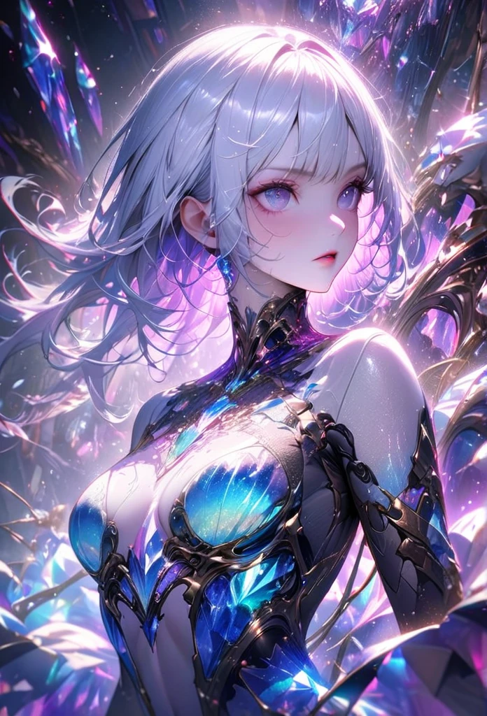 crystal covered, upper body, side shot, alternate color, masterpiece, detailed illustration, realistic, pixiv top quality, exquisite, {{{kawaii 1girl}}}, ultra beauties who fuse with machines, elaborate shabby chic pattern, glitter beautiful female, Half of my body is made of machines, transparent glass body, The machines inside the body are transparent, cinematic lighting, dynamic angle, dynamic pose, crystal world, depth of field