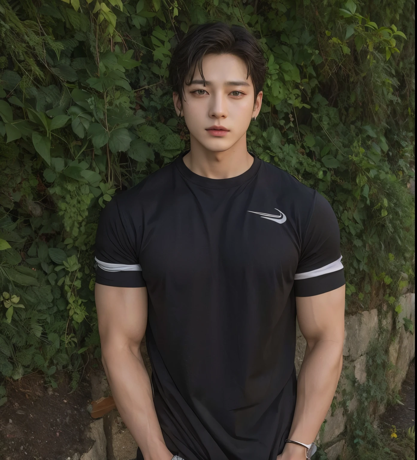 (As a matter of fact, Masterpiece, 8k HD, good light quality, sportswear, fit the face, complicated details), A handsome, muscular young Korean man. , 20 years old, be happy, smile brightly, detailed face, delicate eyes, มองดูsky, Wear a navy tight T-shirt.:1.6, period, black eyes, Black hair color, ผมsmooth, smooth, outdoor sports, Along the garden, Sunny,sky,Surreal,Awesome details,Highest quality,real,Open your mouth to talk.