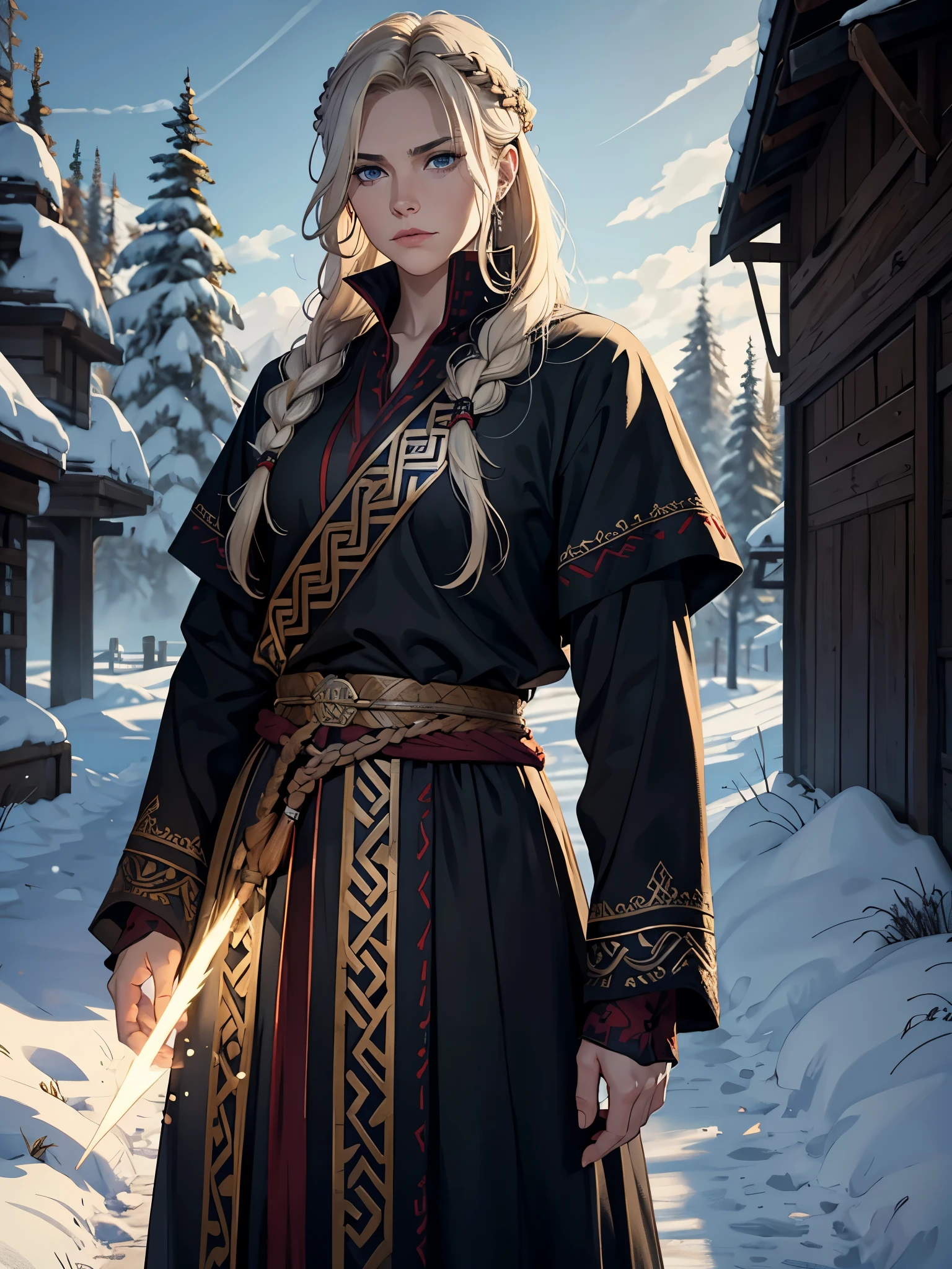 Masculine woman. Powerful. Viking hair accessories. Vikinger sidecut frisur. Nuskeln Magnificent Robe. Nordic viking woman with ashblonde hair. With löwen.