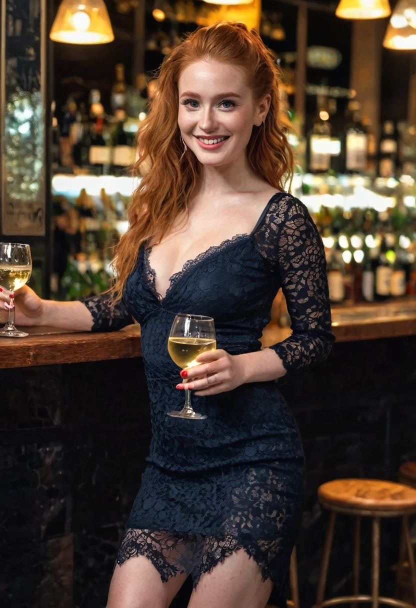Redhead model with blue eyes, has birthday today, She is now sitting at the table with two friends, eating something nice and drinking champagne, are currently toasting.