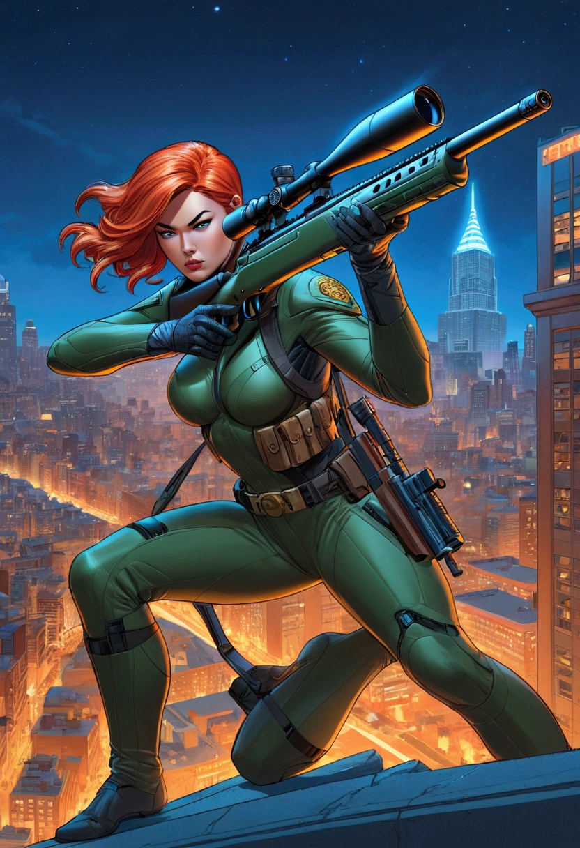 aiming Sniper, by Phil Jimenez, comic style, full body, cinematic still, (best quality, masterpiece), very aesthetic, perfect composition, intricate details, ultra-detailed, vivid colors