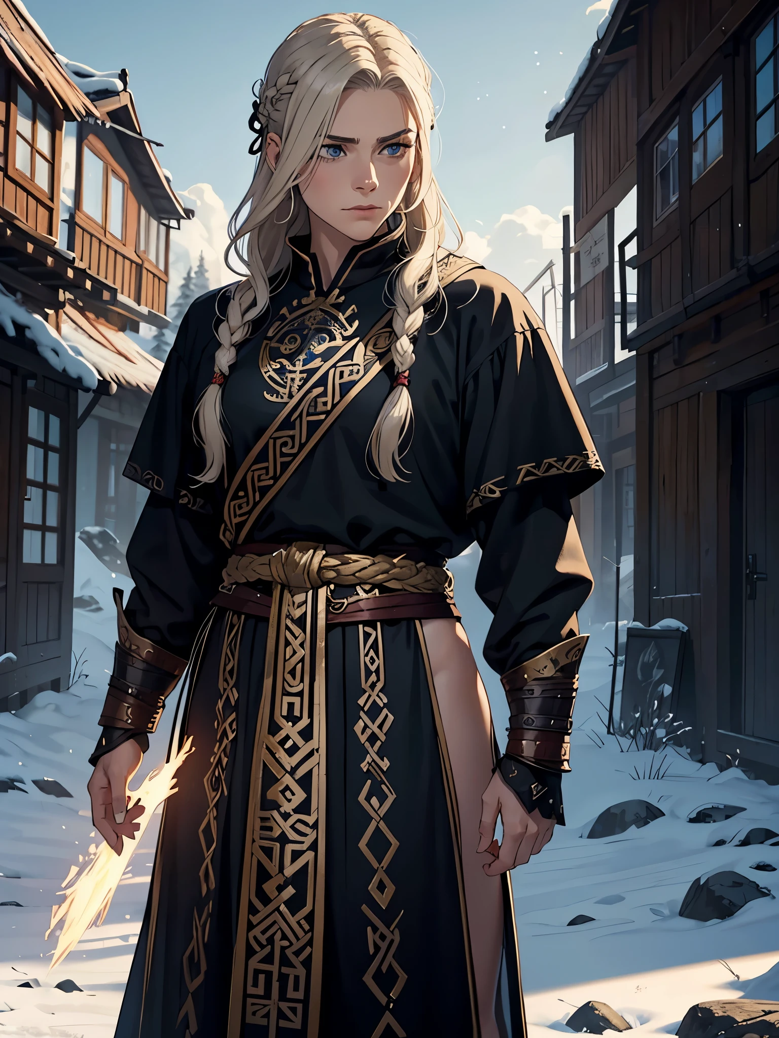 Masculine woman. Powerful. Viking hair accessories. Vikinger sidecut frisur. Nuskeln Magnificent Robe. Nordic viking woman with ashblonde hair. With löwen.
