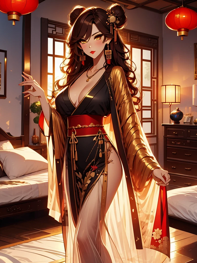 score_9, score_8_up, score_7_up, score_6_up, score_5_up, score_4_up, Xian Mei, Golden Eyes, Red Curly Hair, Large, Black and Gold Kimono, Necklace, Drop Hanging Earrings, Long Earrings, Red Lipstick, Detailed Eyes, Bare Feet, Hair Buns, Chinese Style Bedroom, Traditional Wear, Sexy Attractive, Hot Black Fur Robe, Middle Aged, Traditional