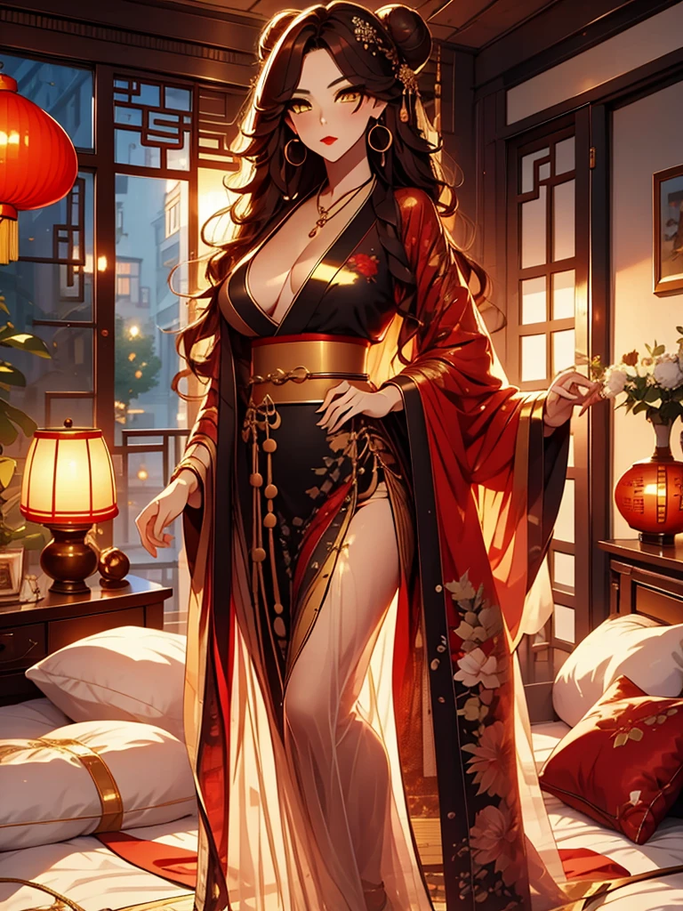 score_9, score_8_up, score_7_up, score_6_up, score_5_up, score_4_up, Xian Mei, Golden Eyes, Red Curly Hair, Large, Black and Gold Kimono, Necklace, Drop Hanging Earrings, Long Earrings, Red Lipstick, Detailed Eyes, Bare Feet, Hair Buns, Chinese Style Bedroom, Traditional Wear, Sexy Attractive, Hot Black Fur Robe, Middle Aged, Traditional