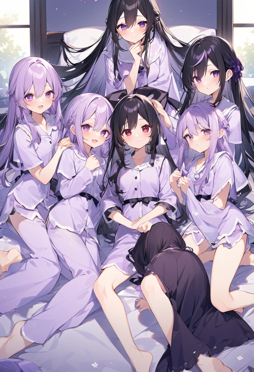 Keito。Purple pajamas。Purple Eyes。Black Hair。Six Barefoot Sisters。Both of them have light purple hair.。all female。Sextuplets。Purple bed