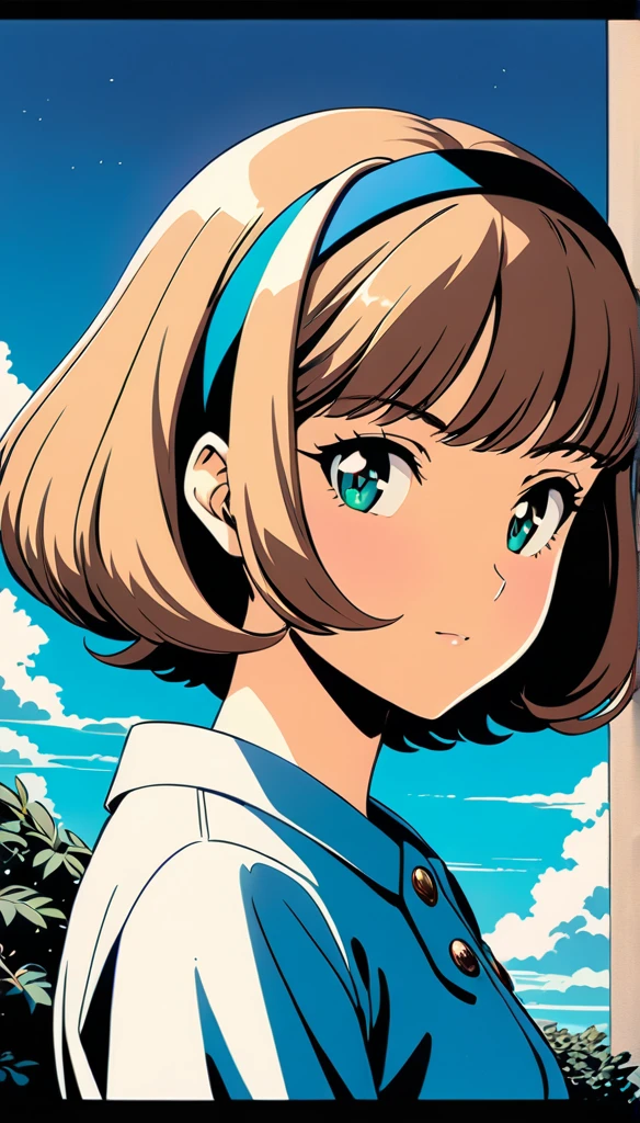 1girl, blue background, buttons, closed mouth, green eyes, hairband, looking at viewer, mj manga, official style, outdoors, plant, retro artstyle, shirt, short hair, sky, upper body, cinematic angle, cinematic lighting, masterpiece, best quality ,