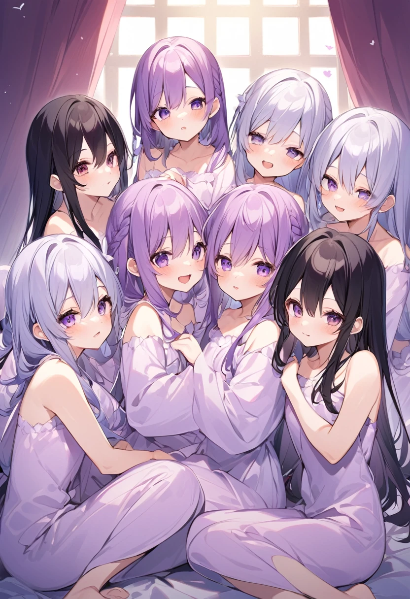 Keito。Purple pajamas。Purple Eyes。Black Hair。Six Barefoot Sisters。Both of them have light purple hair.。all female。Sextuplets。Purple bed