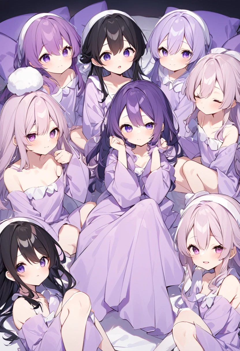 Keito。Purple pajamas。Purple Eyes。Black Hair。Six Barefoot Sisters。Both of them have light purple hair.。all female。Sextuplets。Purple bed