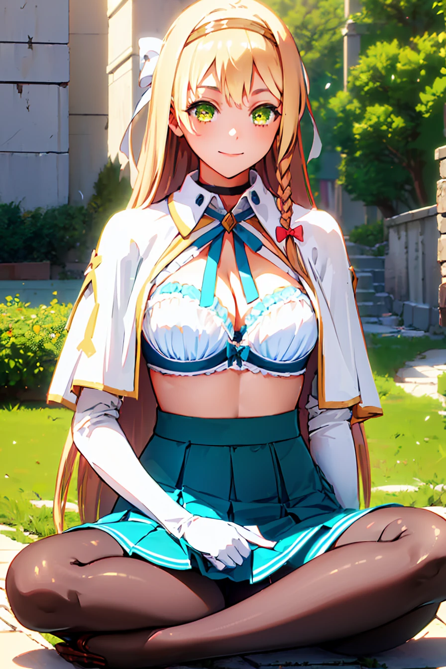 Claudia Valentz, Claudia Walents, Long Hair, Blonde, bow, ribbon, (Green Eyes:1.3), Braiding, hair band, side Braiding, smile,
break skirt, gloves, Cleavage, choker, Capelet, Bridal Gauntlet, white Capelet,
break outdoors,
break looking at viewer, (Cowboy Shot:1.5),
break (masterpiece:1.2), Highest quality, High resolution, unity 8k wallpaper, (figure:0.8), (Beautiful attention to detail:1.6), Highly detailed face, Perfect lighting, Highly detailed CG, (Perfect hands, Perfect Anatomy), ((Full body portrait、Sitting、Spread your legs、lotus position、Indian Style、Skirt Lift、Panties through pantyhose、Showing off her panties、Shirt lift、Showing off her bra、Bra lift、breast grab))