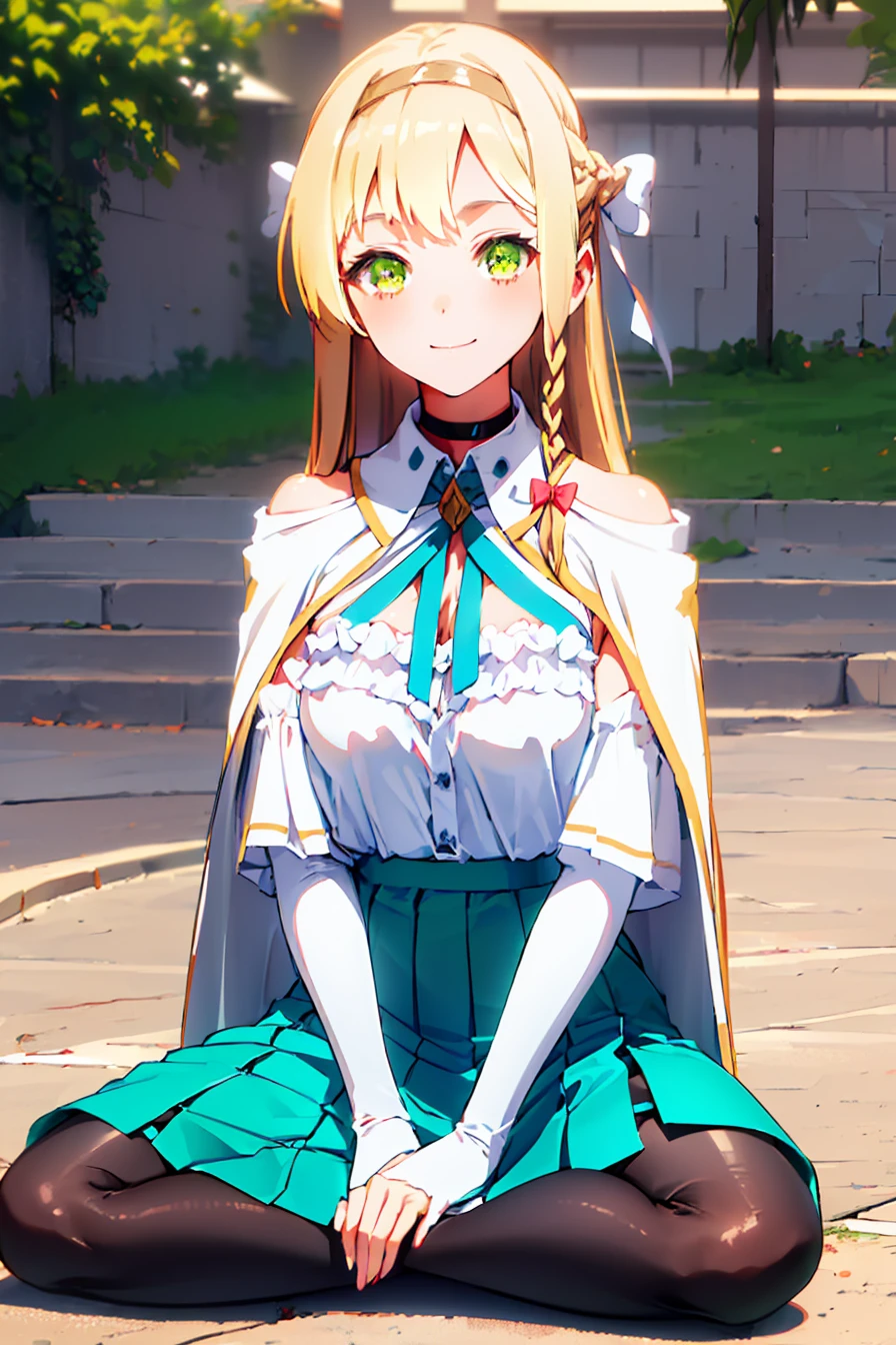 Claudia Valentz, Claudia Walents, Long Hair, Blonde, bow, ribbon, (Green Eyes:1.3), Braiding, hair band, side Braiding, smile,
break skirt, gloves, Cleavage, choker, Capelet, Bridal Gauntlet, white Capelet,
break outdoors,
break looking at viewer, (Cowboy Shot:1.5),
break (masterpiece:1.2), Highest quality, High resolution, unity 8k wallpaper, (figure:0.8), (Beautiful attention to detail:1.6), Highly detailed face, Perfect lighting, Highly detailed CG, (Perfect hands, Perfect Anatomy), ((Full body portrait、Sitting、Spread your legs、lotus position、Indian Style、Skirt Lift、Panties through pantyhose、Showing off her panties、Shirt lift、Showing off her bra、Bra lift、breast grab))