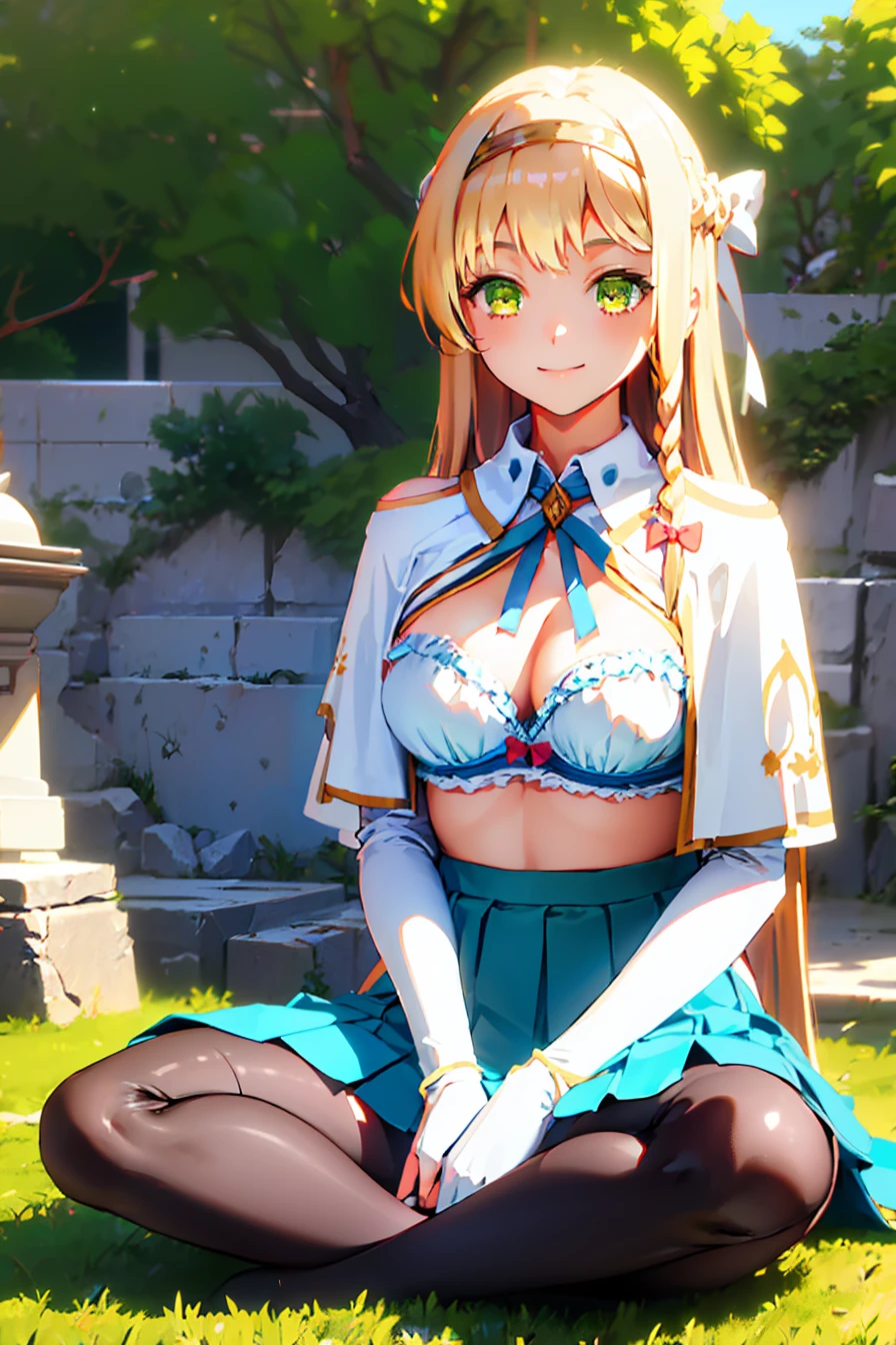 Claudia Valentz, Claudia Walents, Long Hair, Blonde, bow, ribbon, (Green Eyes:1.3), Braiding, hair band, side Braiding, smile,
break skirt, gloves, Cleavage, choker, Capelet, Bridal Gauntlet, white Capelet,
break outdoors,
break looking at viewer, (Cowboy Shot:1.5),
break (masterpiece:1.2), Highest quality, High resolution, unity 8k wallpaper, (figure:0.8), (Beautiful attention to detail:1.6), Highly detailed face, Perfect lighting, Highly detailed CG, (Perfect hands, Perfect Anatomy), ((Full body portrait、Sitting、Spread your legs、lotus position、Indian Style、Skirt Lift、Panties through pantyhose、Showing off her panties、Shirt lift、Showing off her bra、Bra lift、breast grab))