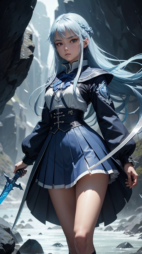 (Bright colors, cinematic feel, increased detail, extreme detail, sharp focus), full body,. Two swords, the blades are long and curved, and the sharp edges are flowing with ice-blue light. The bottom of the sword is engraved with runes, beautiful, noble, long blue hair, young oriental girl (slender girl), blue (school uniform lace skirt), coat, perfect figure, 8k, walking, mountain rationale (in the cave)