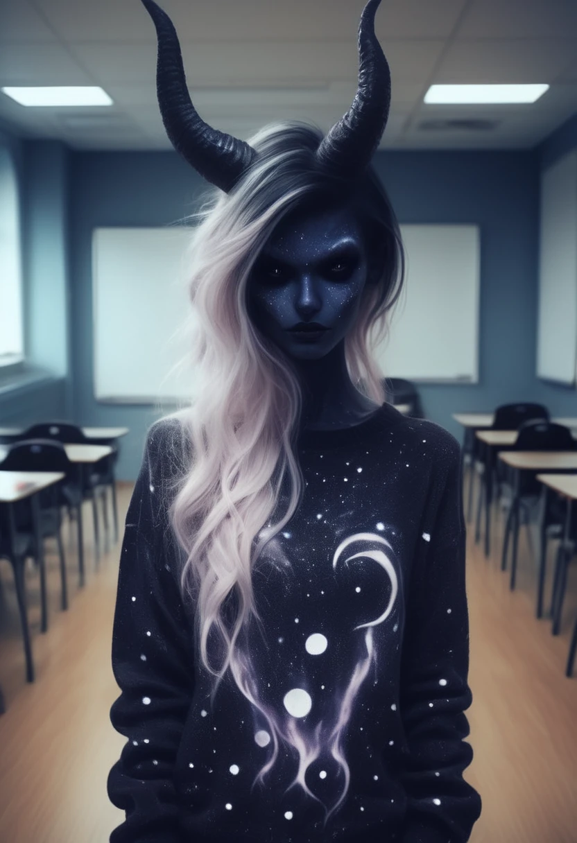 in an empty classroom , a dark demon girl with black horns, (pitch black eyes, cosmic black:1), , bright bleach white tips hair , well lit , very skinny, wearing a (over sized sweater, and polka dot leggings:1.3) cosmic pattern on skin , intricate detail