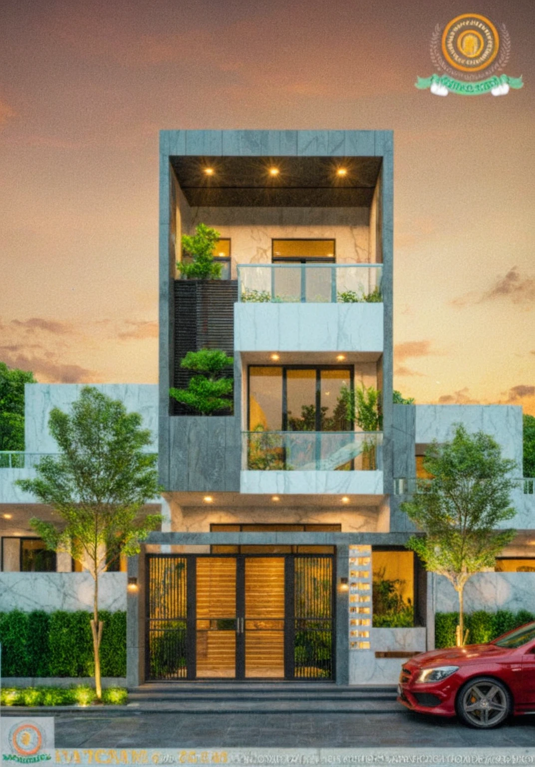 masterpiece, best quality, exterior design, (sunset), one-story modern house in Vietnamese village, marble, steel, modern light-colored granite facade and white walls, wooden ceiling , large glass, modern minimalist style, green shrubs and tropical plants background, large doors and windows.
