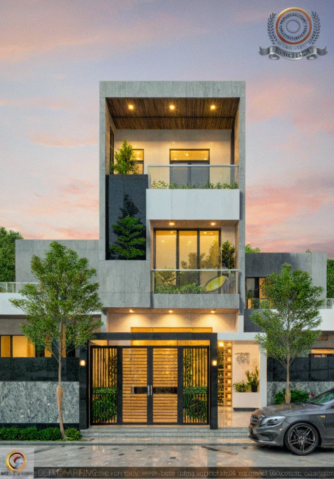 masterpiece, best quality, exterior design, (sunset), one-story modern house in Vietnamese village, marble, steel, modern light-colored granite facade and white walls, wooden ceiling , large glass, modern minimalist style, green shrubs and tropical plants background, large doors and windows.
