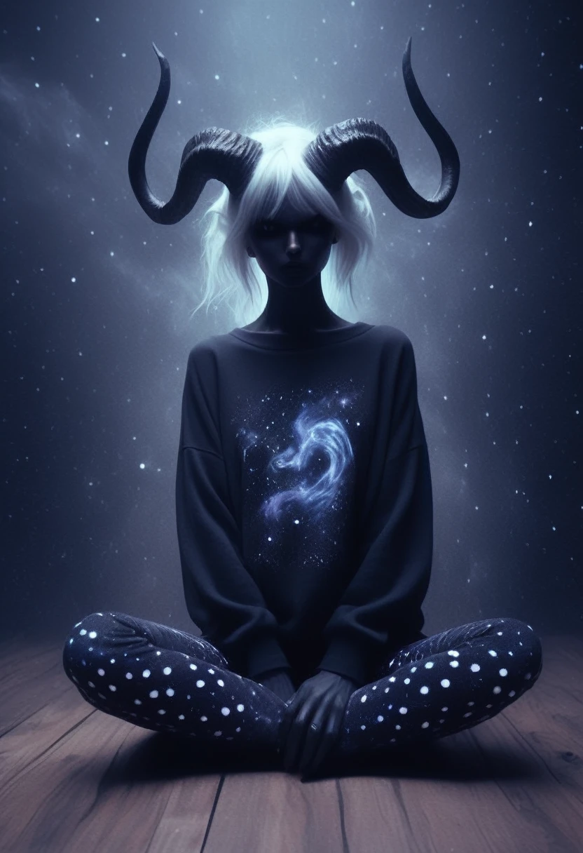 in an empty classroom , a dark demon girl with black horns, (pitch black eyes, cosmic black:1), , bright bleach white tips hair , well lit , very skinny, wearing a (over sized sweater, and polka dot leggings:1.3) cosmic pattern on skin , intricate detail