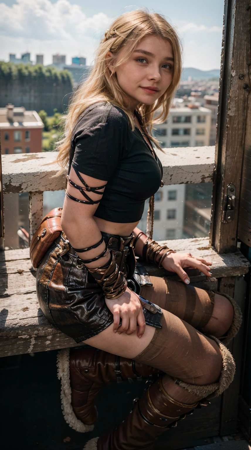Masterpiece, Best quality,, (photorealistic1.4), (UHD), (epiCRealLife),  (flashphoto),, (photorealistic1.4), (cleavage), (medium breasts),  (Chloe Grace Moretz), (chl03gm), (Astrid Hofferson Costume), (astrid_Character outfit), (Astrid Armor) (AstridWaifu), (sitting on bench), (Medieval outdoor), (castle landscape), (daytime), (on castle rooftop),  (from side), Chloe Grace Moretz smile),