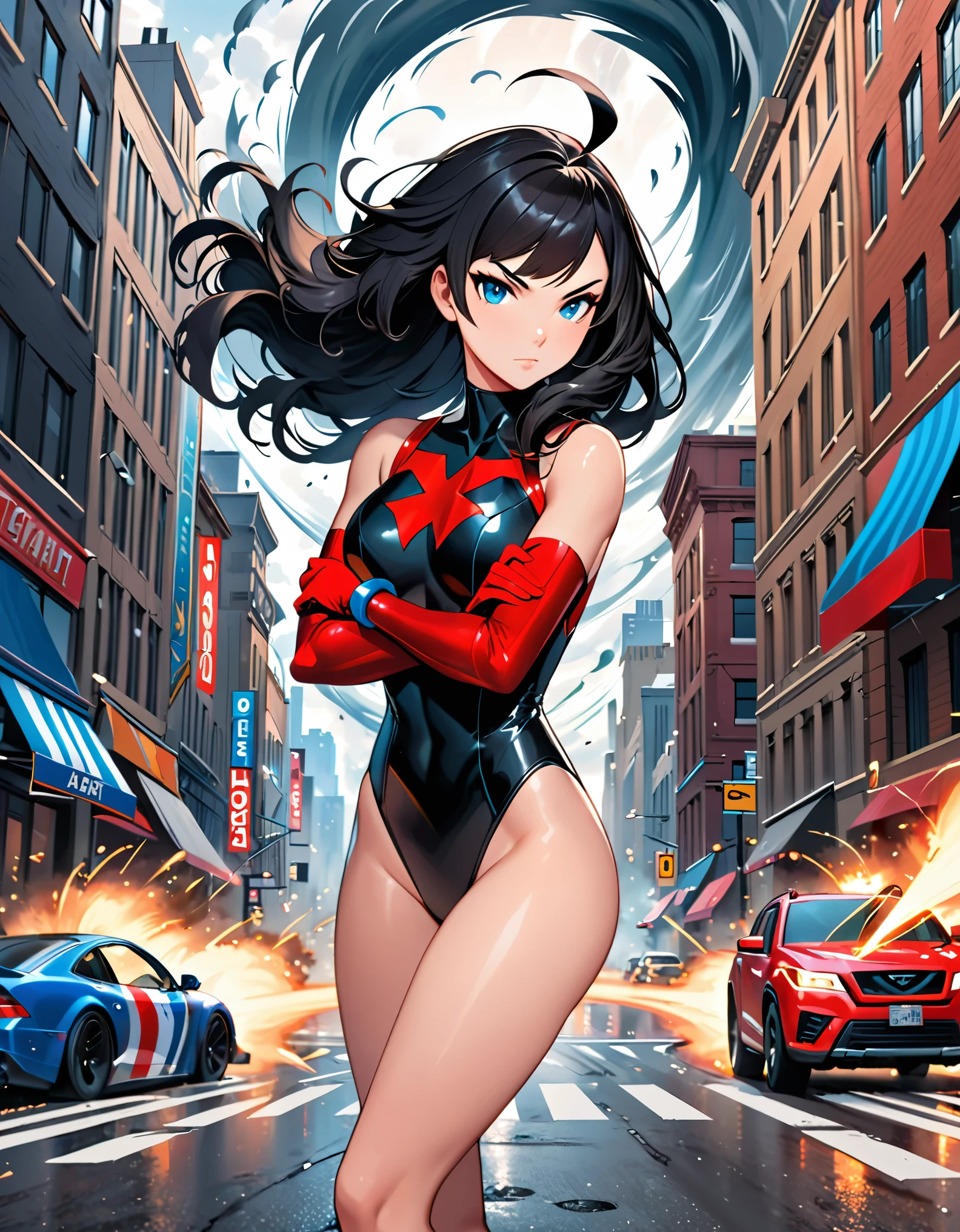 anime girl in a red and black suit standing with legs together and twirling around in place on a city street, fast spin, (dynamic spin pose), spinning inside a tornado, spinning in place like a tornado, crossed arms, extremely detailed artgerm, style artgerm, style ivan talavera and artgerm, krenz cushart and artgerm, range murata and artgerm, artgerm style, in the style artgerm, ig model | artgerm, artgerm detailed, black hair, long hair, medium hair, ahoge, blue eyes, (leotard), bare legs, matching boots and gloves, superhero, bracelets, solo, solo focus