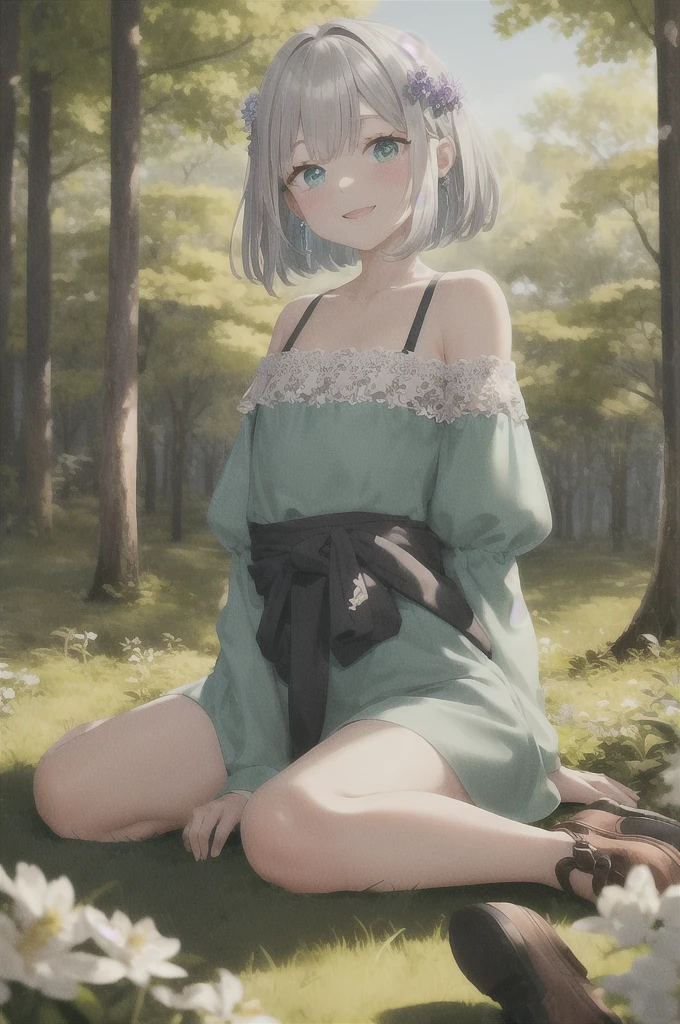 (masterpiece, best quality), hyperdetailed, clean lines, one girl,, blush, ash_hair, (Silver_hair:1.3), thin hair clip, cyan colorshift eyes, expressive eyes, collarbone, smile, morning, sunshine, (full shot), wariza, fairy style。The mint green tunic dress is made of light chiffon material.、Lace detailing on sleeves and hem。There is a delicate wing accessory on the shoulder.、A flower garland belt is worn around the waist.。Flat shoes are also in pastel colors.、The base is decorated with small flowers.。In the background is a fantastic forest landscape.。