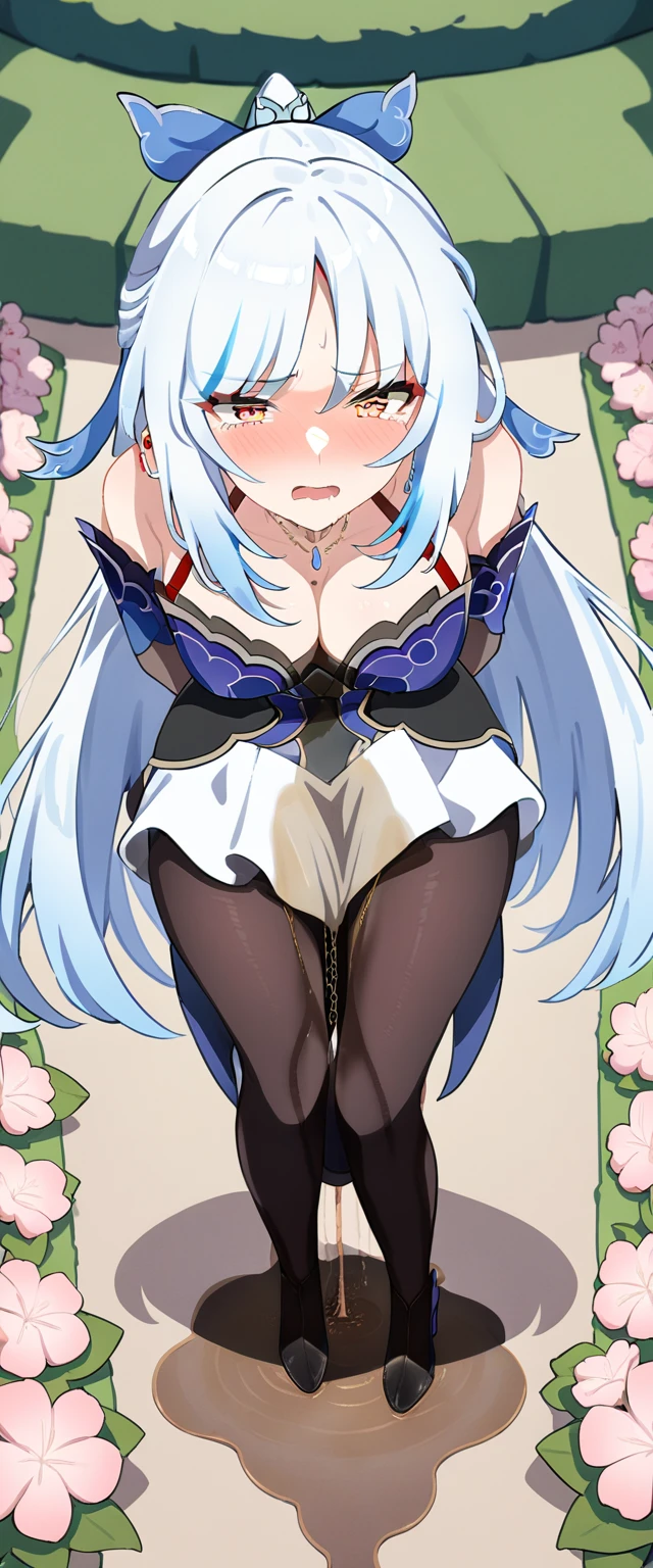 (masterpiece:1.37), best quality, (extremely detailed:1.37), (1girl:1.5), woman, (mature:1.5), (adult:1.5), jingliu, white hair, long hair, ponytail, hair ribbon, red eyes, earrings, jewelry, dress, pantyhose, (pelvic curtain:1.5), (extremely detailed eyes:1.37), (wetting self:2.0), desperation, (standing:1.5), embarrassed, humiliation, blushing, angry, cherry blossoms, garden, (golden hour:1.5), full body, (crossing legs:1.5), from above