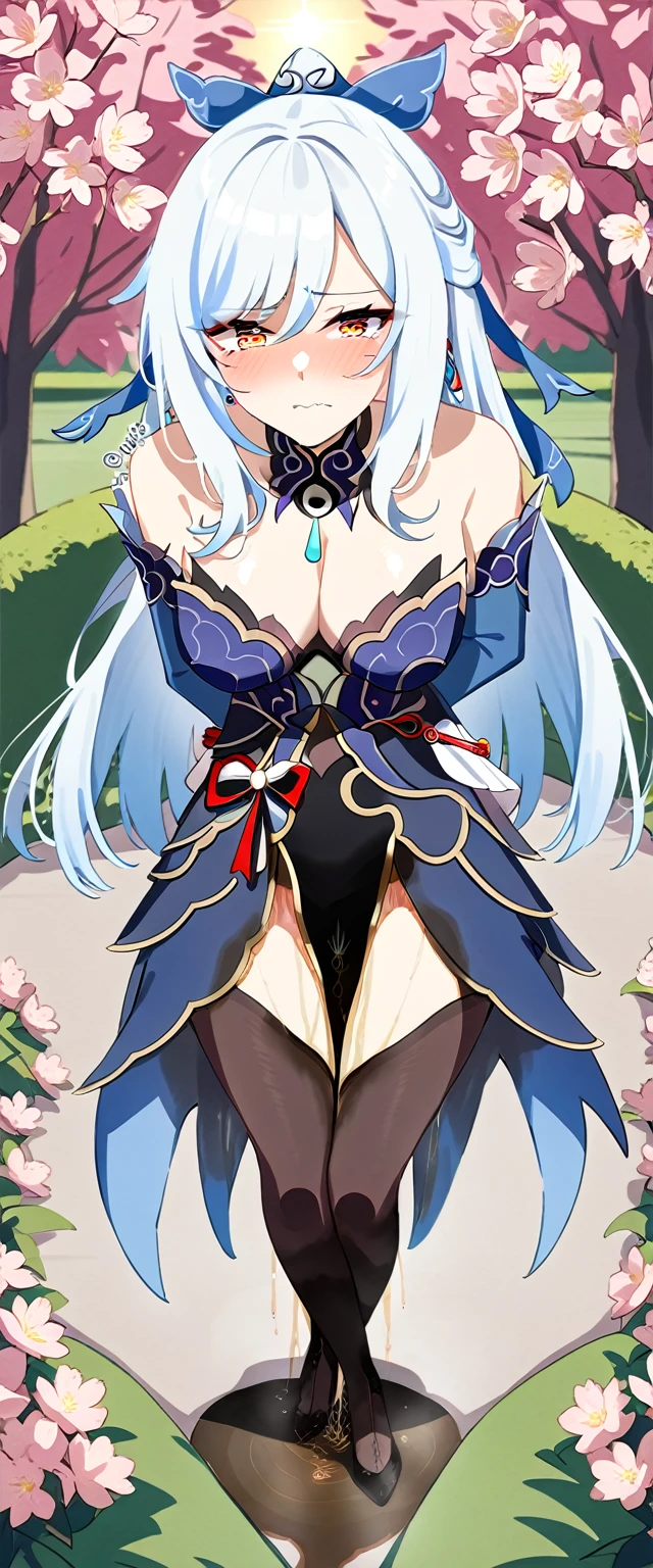 (masterpiece:1.37), best quality, (extremely detailed:1.37), (1girl:1.5), woman, (mature:1.5), (adult:1.5), jingliu, white hair, long hair, ponytail, hair ribbon, red eyes, earrings, jewelry, dress, pantyhose, (pelvic curtain:1.5), (extremely detailed eyes:1.37), (wetting self:2.0), desperation, (standing:1.5), embarrassed, humiliation, blushing, angry, cherry blossoms, garden, (golden hour:1.5), full body, (crossing legs:1.5), from above