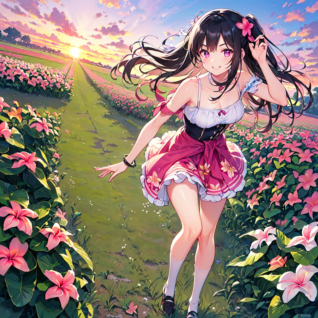 masterpiece, best quality, high quality, extremely detailed, very delicate and beautiful, (1female 18years old Adult alone solo:1.5) , (two-side up long black hair:1.5), bangs to eyebrows, eyes (eyes sharp, strong, glossy, glossy eyebrows), (eye color magenta:1.3), 6.5 head height, (summer dress with canna print:1.3), knee socks,ruffles, (smiling), (walking:1.3), (dynamic pose), (background canna flower field:1.3) , (sunset:1.3)