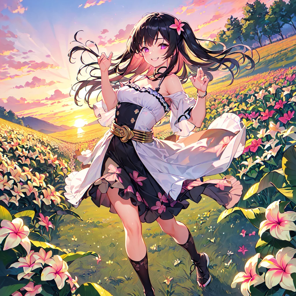 masterpiece, best quality, high quality, extremely detailed, very delicate and beautiful, (1 female 18 years old solo:1.5), (long black hair up to waist with two side up:1.5), bangs to eyebrows, eyes (eyes sharp, strong, glossy, glossy eyebrows, (eye color magenta:1.3), 6.5 head height, (plumeria flower print summer fashion:1.3), knee socks, lace, ruffles, (smiling), (running:1.3), (smiling), (dynamic pose), (background plumeria flower field:1.3), (sunset:1.3)