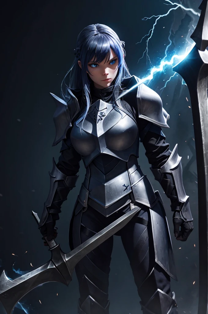 knightgirl, dark armor with blue flames, holding an ax decorated with lightning, naughty man
