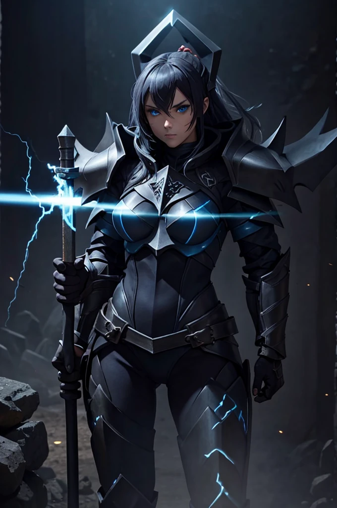 knightgirl, dark armor with blue flames, holding an ax decorated with lightning, naughty man
