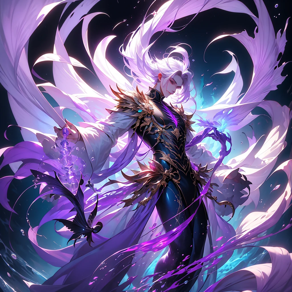 A man, human upper body, fish tail, light purple tail, phoenix-eyed man, light purple eyes, white hair, Chinese style, elegant, full body, underwater, mermaid, slender figure. Just one man. No clothes, fair complexion