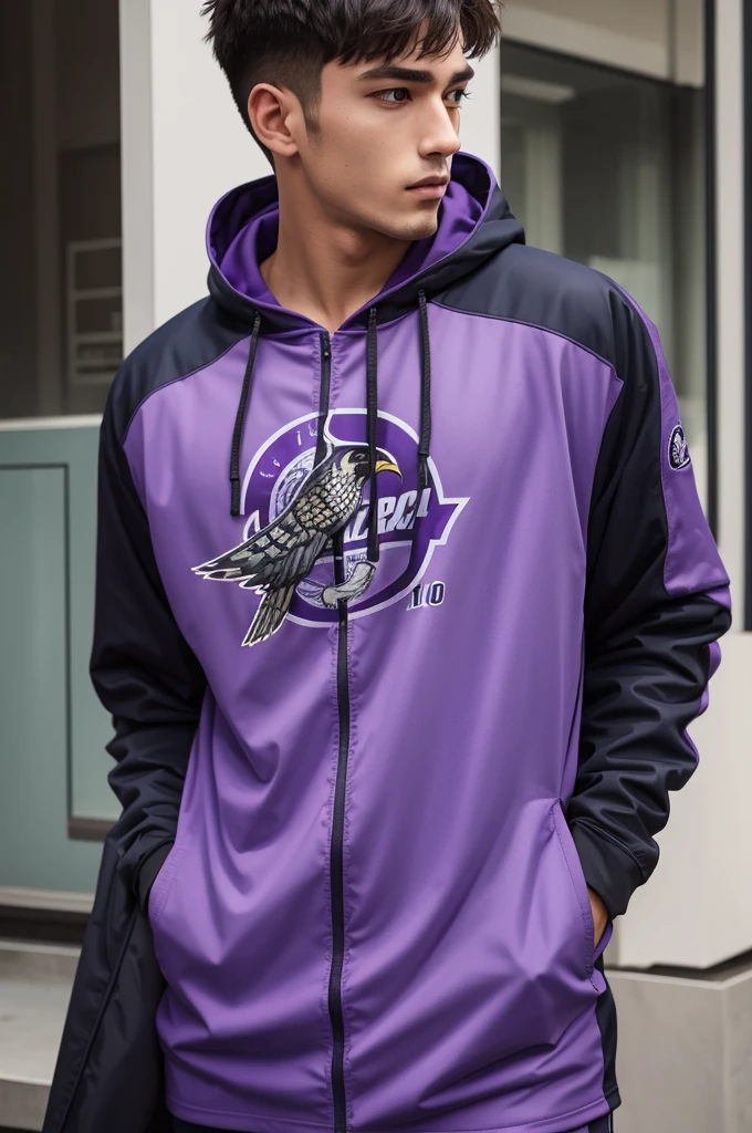 Purple team shirt with falcon and number 10 on the coats