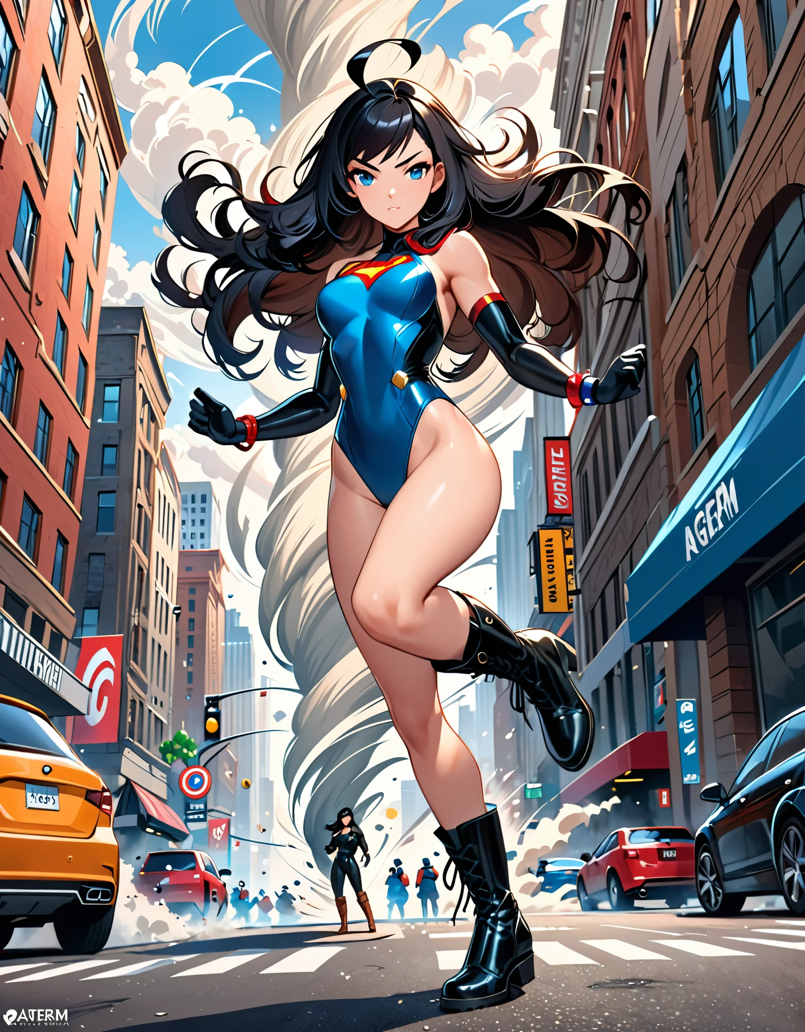 anime girl in a red and black suit standing with legs together and twirling around in place on a city street, fast spin, (dynamic spin pose), spinning inside a tornado, spinning in place like a tornado, crossed arms, extremely detailed artgerm, style artgerm, style ivan talavera and artgerm, krenz cushart and artgerm, range murata and artgerm, artgerm style, in the style artgerm, ig model | artgerm, artgerm detailed, black hair, long hair, medium hair, ahoge, blue eyes, (leotard), bare legs, matching boots and gloves, superhero, bracelets, solo, solo focus