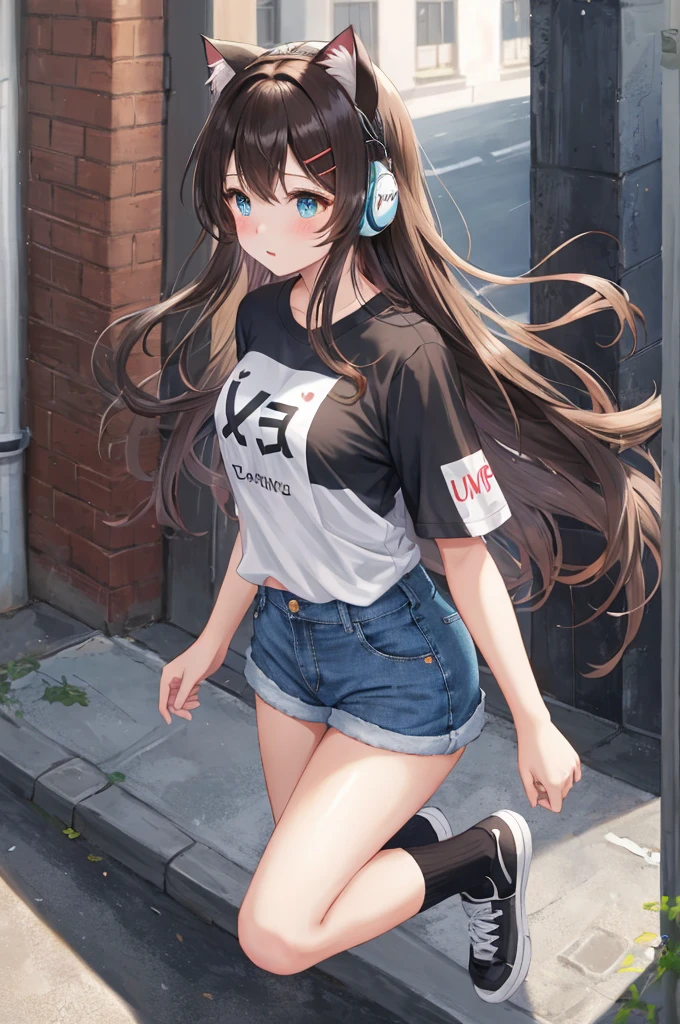 A cute girl walking in an alley, anime girl, outside, daylight, people on the street, she looks around the alley, small white t-shirt, t-shirt printed with an "I love U" heart, jean shorts, mini shorts, tight sexy clothes, short white socks, black and white sports shoes, dark brown hair, bangs, french braid, long hair, side swept bangs, wavy hair, expressive hair, shiny hair, braided bangs, hairclip, headphones, cat hair ornament, aqua eyes, glowing eyes, pupils sparkling, cat ears, blush, bright pupils, serious, glossy lips, puckered lips, confused, big round breasts, slim waist, defined and full body, slim legs, beautiful thighs, hands on her waist, high detail, anime, cinematic lighting, image fill, from above, from side, wide shot, panorama, caustics, Wide-Angle, f/1.8, 85mm, Fujifilm, 8k, super detail, UHD, retina, masterpiece, accurate, anatomically correct, textured skin, highres, best quality