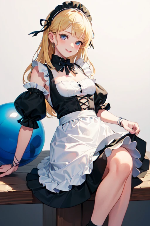 ((Highest quality)), ((masterpiece)), (detailed), (Perfect Face), (detailedなイラスト:1.6), (Ultra-high resolution:1.6), (Perfect Anatomy:1.6), girl, The best smile, cute, Blonde, Small breasts, Black and white maid outfit, Blue ribbon, White apron, Gothic maid outfit, Long, Sitting on a balance ball, Light background,