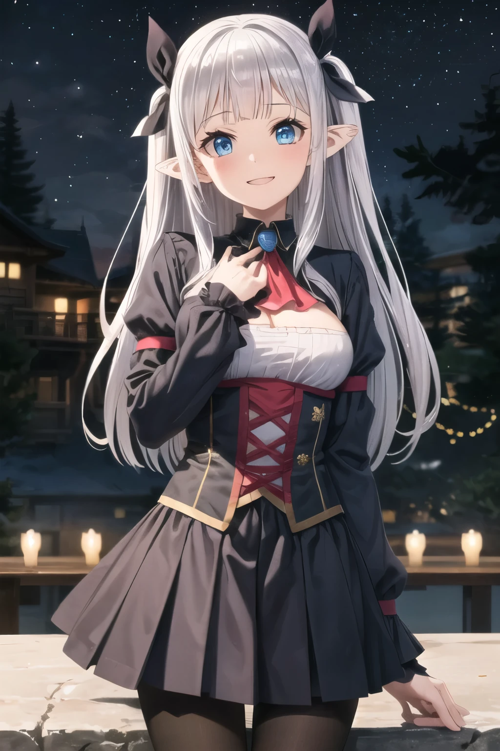 masterpiece, Highest quality, One Girl, alone,
Outdoor, night, Starry Sky,  
Rurururushi。, blue eyes, tsurime, eyelash, Grey Hair, Gray Hair, Long Hair, Both sides up, Blunt bangs, Side Lock, hair ornaments, Hair Ribbon, Black Bow, hair band, black hair band, Pointy Ears, teeth, Medium Chest, 
Ascot, red Ascot, gem, blue gemstone, shirt, white shirt, Cleavage cutout, Jacket, black Jacket, Shrug \(clothing\), Black sleeves, Long sleeve, Puffy sleeves, Underbust, skirt, black skirt,  pleated skirt, pantyhose, red pantyhose, black pumps, Cleavage, 
(View your audience:1.3), Cowboy Shot, Please place your hand on your chest, 
blush, smile, standing, full body