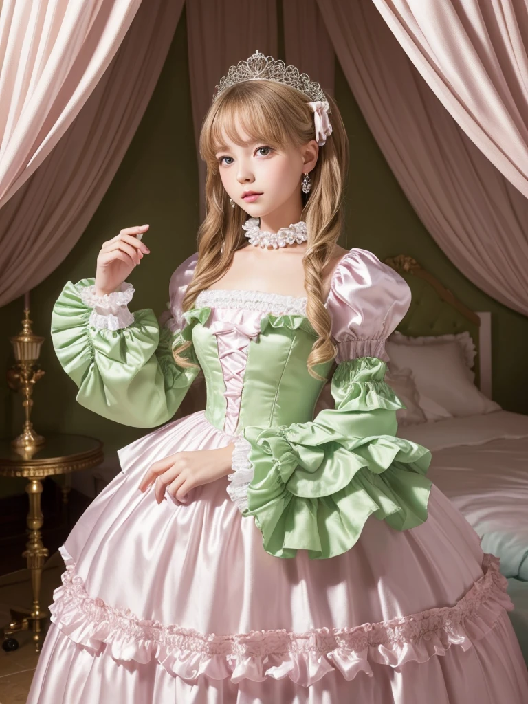highest quality, masterpiece, highest resolution, artwork, super それにget used to it, many get used to it, get used to it, それにget used to it, 3k realistic pictures,,((12 year old little girls)),Ultra-detailed juvenile face,ultra-detailed beautiful little girls,girls are princess,full length ball gown dress with hoop skirt,ruffled yoke collar,puff sleeves,long sleeve,((Lolita style light green detailed princess satin dress with lots of ruffles and ribbons)),Rococo style lolita fashion,shiny satin dress,Soft and smooth fabric,detailed princess dress,luxury,long blonde hair,blue eyes,white skin european,Pajama,((in the bedroom of the palace)),luxury princess canopy king size pink bed,shiny satin sheets,ultra-detailed princess bed,High-quality background,lot of frilled pillows,on the bed,
