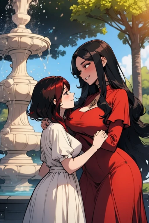 Two women. Perfect faces. Perfect hands. A red haired woman with red eyes and an hourglass figure in a pretty summer dress is kissing a black haired woman with brown eyes with an hourglass figure in a park with a big smile in front of a fountain