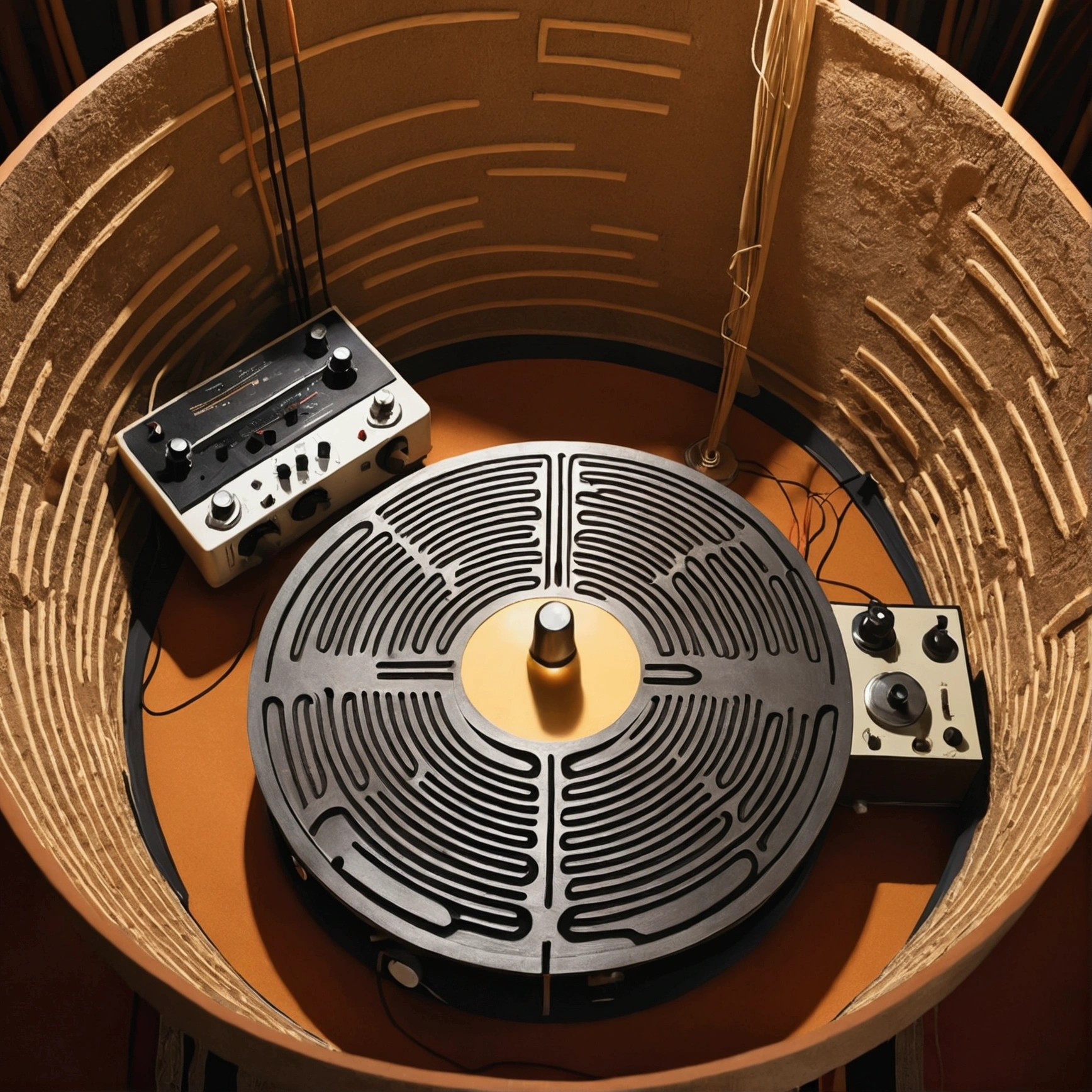 (artistic drawing), (somewhere in an half deleted labyrinth :1.25), (view from above:1.24), a reel-to-reel revox tape recorder versus a traditional african stringed instrument under a lampshade without light in process of ascension
