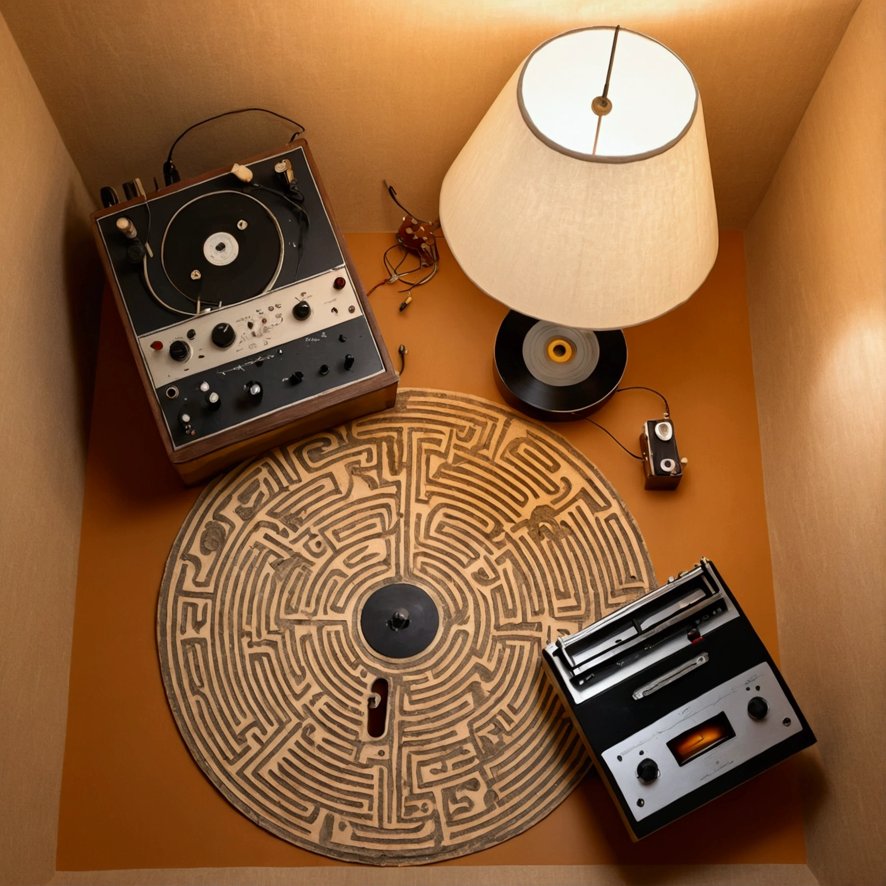 (artistic drawing), (somewhere in an half deleted labyrinth :1.25), (view from above:1.24), a reel-to-reel revox tape recorder versus a traditional african stringed instrument under a lampshade without light in process of ascension
