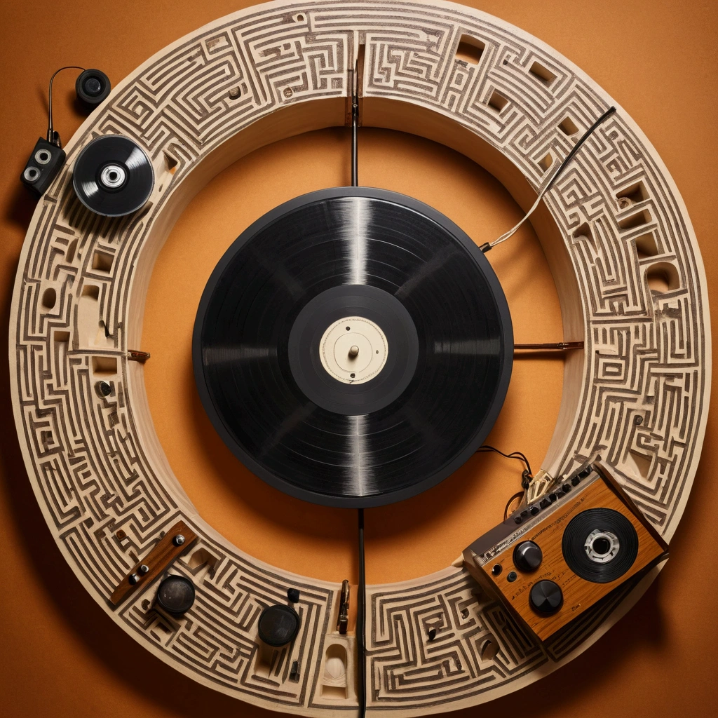 (artistic drawing), (somewhere in an half deleted labyrinth :1.25), (view from above:1.24), a reel-to-reel revox tape recorder versus a traditional african stringed instrument under a lampshade without light in process of ascension
