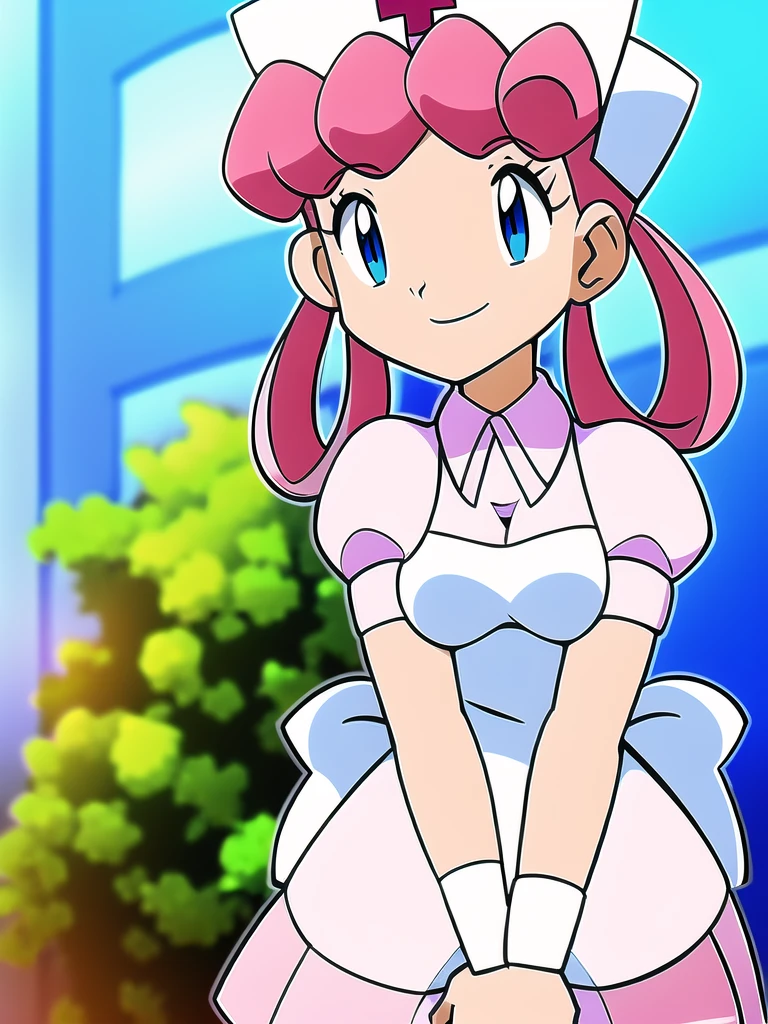 Nurse Joy, pink hair, rolled bangs, looped low twintails, blue eyes, nurse cap, pink shirt, puffy sleeves, pink skirt, white apron, white back ribbon,