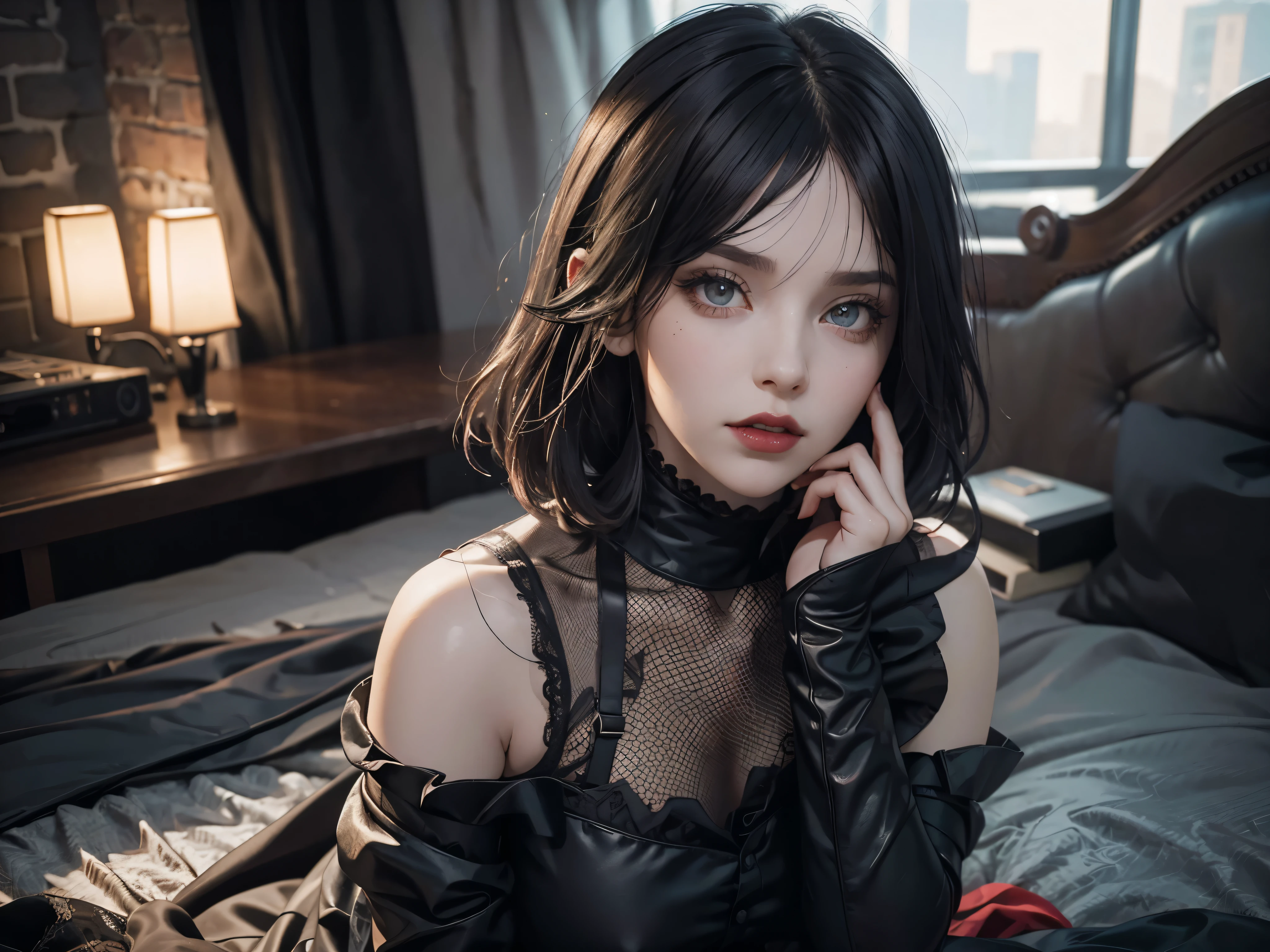 (best quality,highres),(realistic:1.37),dark,goth,woman, eyes,detailed face,black clothes,bobcut black hair,straight bangs,pale skin,red lipstick,intense expression,mysterious atmosphere,gothic background,dim lighting,night,vivid colors, fishnets, topless, fullbody, on her hands and knees, submissive girl, thick thigs, imminent deepthroat, cumshot pose,