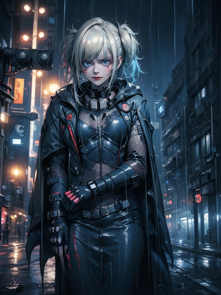 A girl in a Batsuit, standing confidently on a rain-soaked street in Gotham City at night, her stern expression and billowing cape creating a gritty, dystopian atmosphere, neon lights casting an eerie glow, highly detailed, 8k, hyper realistic, cinematic lighting, dramatic angles, moody colors, masterpiece