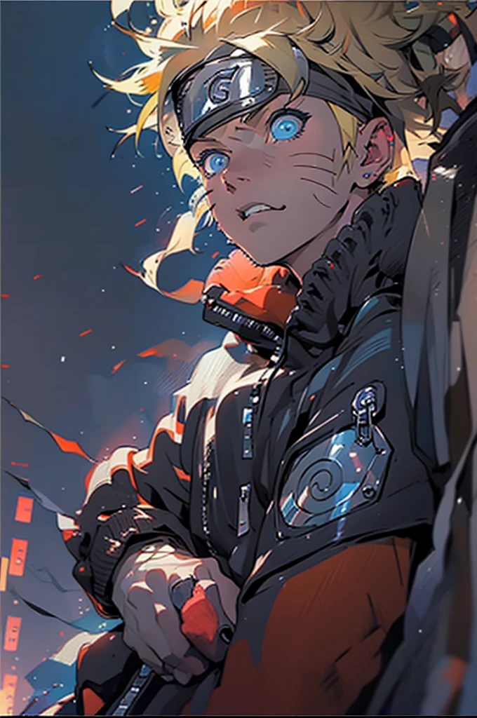 portrait, neon, 1 boy, shonen style, spiky blonde hair, scratches on cheeks, black and red clothing, leather jacket, jeans, boots, bandana with leaf symbol, perfect eyes, cool, blue eyes, full body, color --name Naruto Uzumaki --night background city with futuristic buildings and holograms