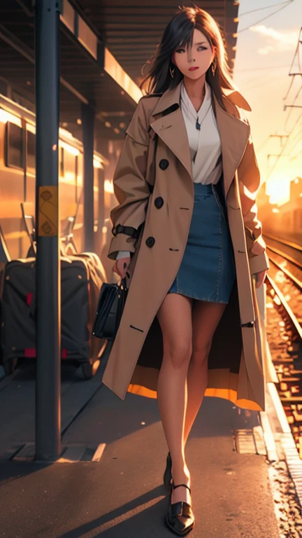 style by cut,Dough, 1 girl, plein-air, standing alone, sunset, tissue, duffel bag, Scenario, railRoadside tracks, trench coat, sky, overskirt, standing, long hair, gram, energy lines, land vehicle, natta, moutain, pantyhose, Bblack hair, Roadside, chestnut hair, black shoes, containment, train station, long sleeves